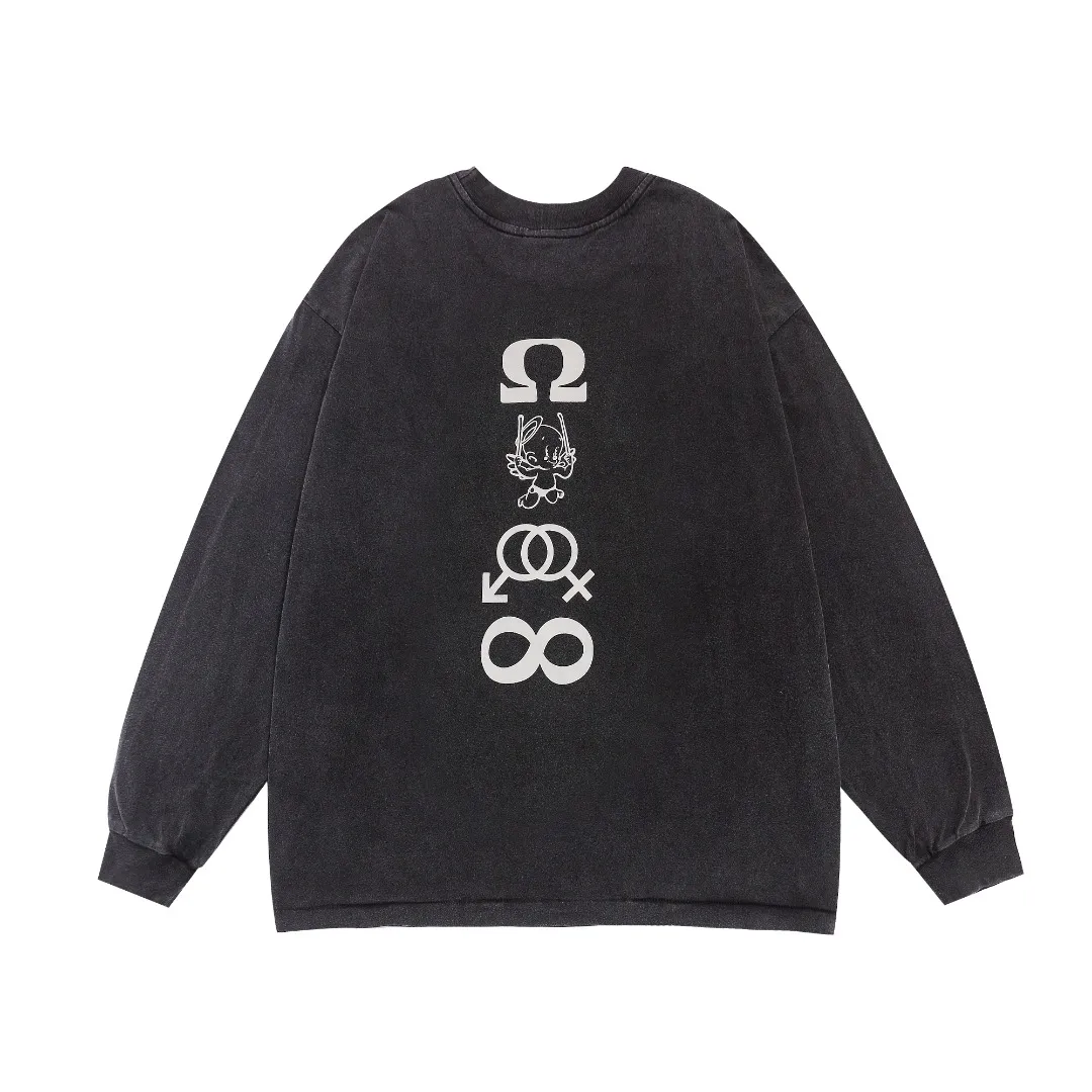 Saint Michael candle angle tee candle angel washed distressed printed loose long-sleeved bottoming T-shirt Fabric: 260g Style number: SM06 Size: S-M-L-XL Color: Black Price: P156